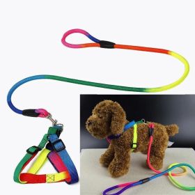 1 Set Nylon Rainbow Pet Dog Collar Harness Leash Soft Walking Harness Lead Colorful and Durable Traction Rope 120cm (size: M, Color: iridescent)